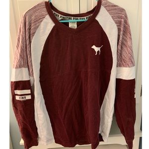 VS Pink Long Sleeve Varsity V-Neck Crewneck